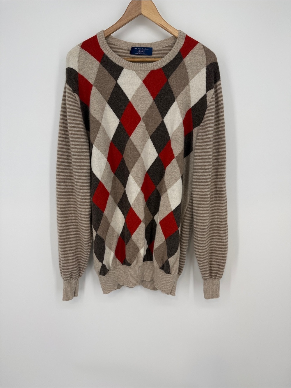 Gobi Cashmere Tan, Red & Brown Argyle Crewneck Sweater - Made in Mongolia